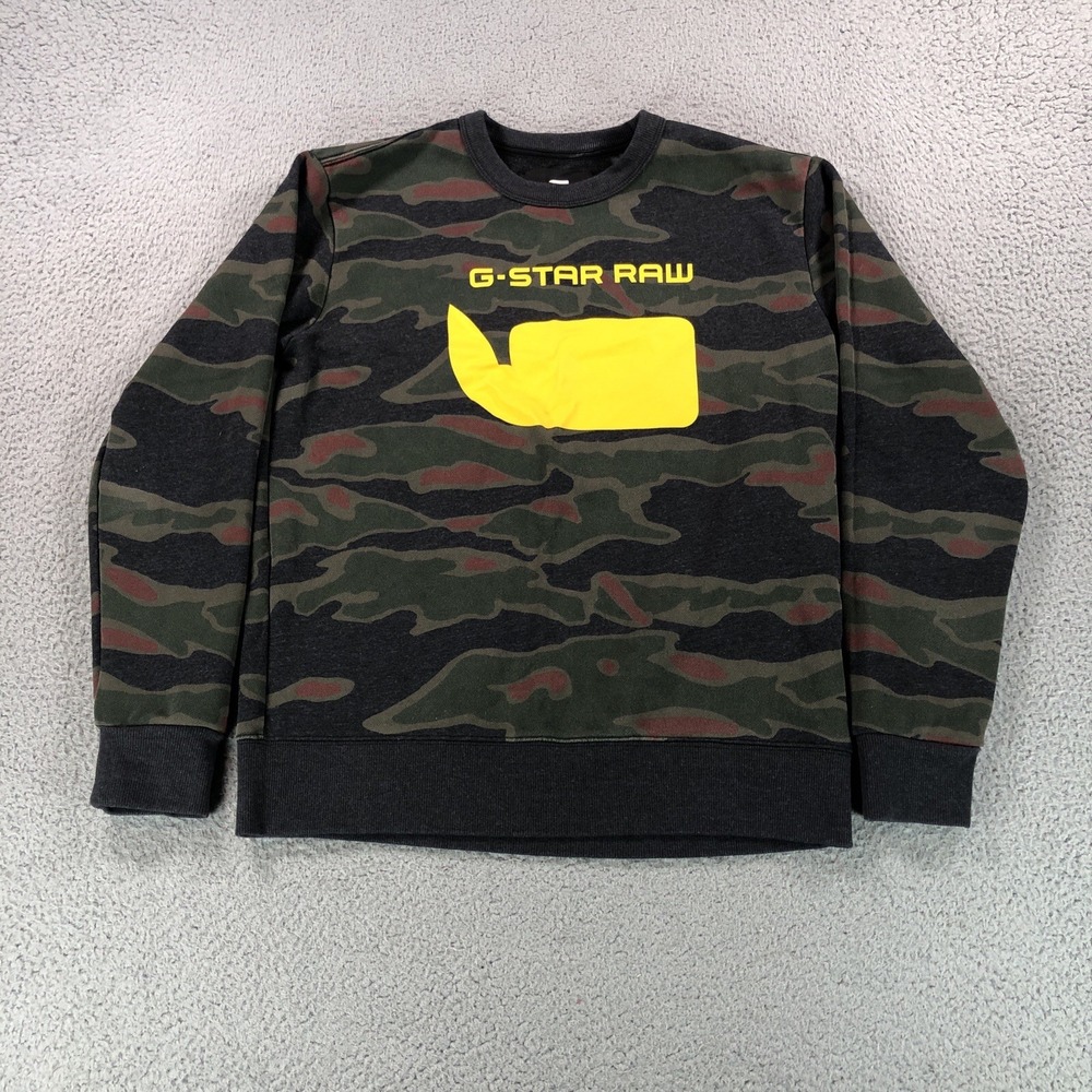 G-Star Raw Sweatshirt Mens Medium Green Tiger Stripe Camo Logo Graphic Crewneck